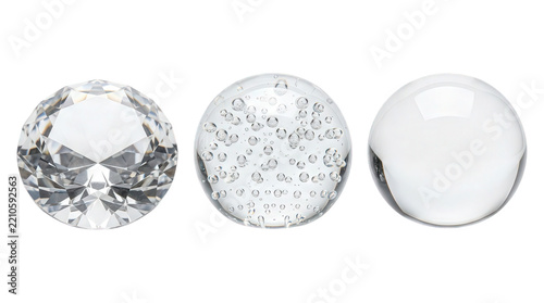 Three Round Transparent Glass Spheres and Gemstone Isolated on Black Background Showcasing Refraction and Bubbles