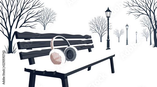 Winter park bench with earmuffs in snow, quiet cold winter park landscape vector illustration, snowy park path with street lights