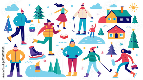 Winter activities. Various people. Cozy winter clothes and other stuff. Big colored vector set. All elements are isolated. vector