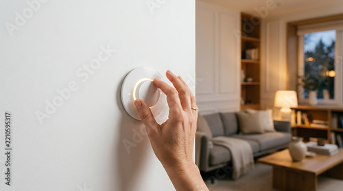 A hand rotates a modern, round dimmer switch on a wall, brightening the lights in a comfortable and well-decorated living room.