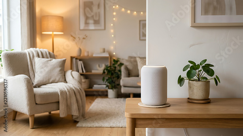A white smart speaker and a potted plant sit on a wooden table in a cozy, illuminated living room with an armchair and string lights.