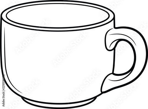 Minimalist coffee cup line art vector, simple black outline mug graphic, empty ceramic tea cup illustration for coloring page design
