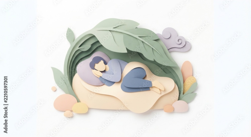 Obraz premium A peaceful papercut person sleeping soundly under a large green leaf canopy, representing deep sleep, rest, relaxation, and wellness.