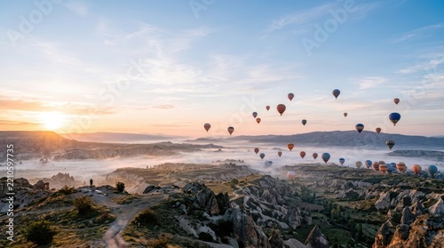 Many hot air balloons float over a valley shrouded in mist at sunrise. The balloons are various colors, and the landscape features rocky formations and a distant, hazy horizon.