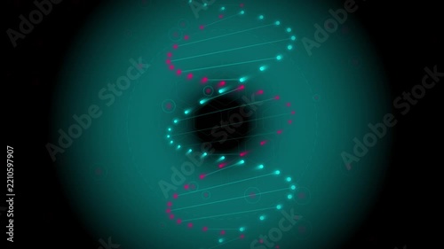 Abstract digital dna strand illustration featuring glowing cyan and red particles