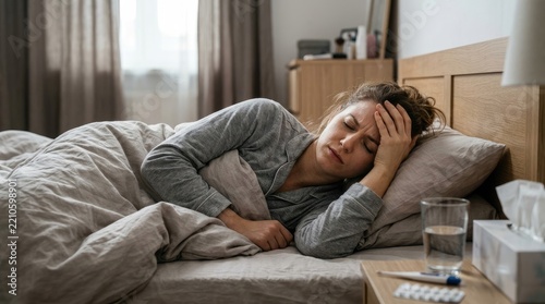 A young woman lies in bed, clutching her head with her hand and closing her eyes. She appears unwell and is resting.