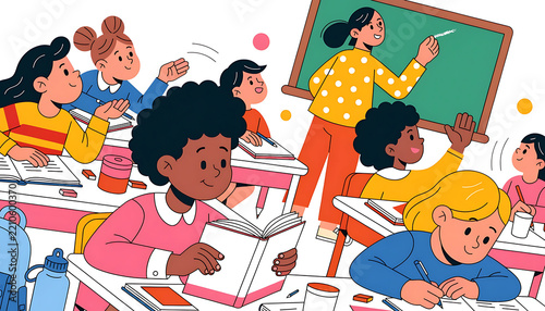 Back to school illustration of diverse students learning in a