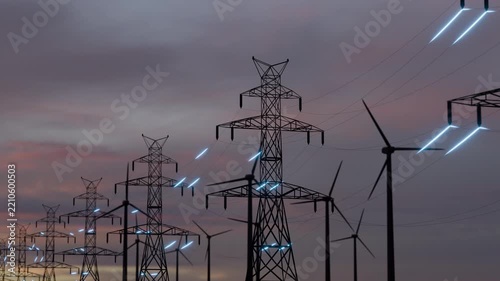 Power Transmission Lines.Concept of Renewable Green Energy and Clean Ecological Environment,3D Digital Visualization of Electricity,High-voltage power line tower current transmission