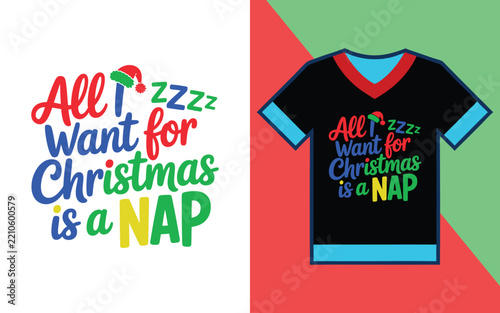 All i want for christmas is a nap text with santa hat and zzz on a black t-shirt mockup