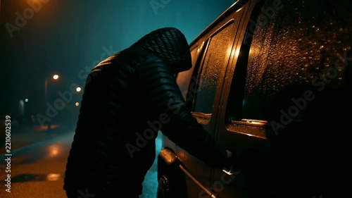 Rain slicks a dark street at night. Hooded figure reaches for a vehicle door. Streetlights glow through misty air. The scene is moody and cinematic. Water droplets streak the car window