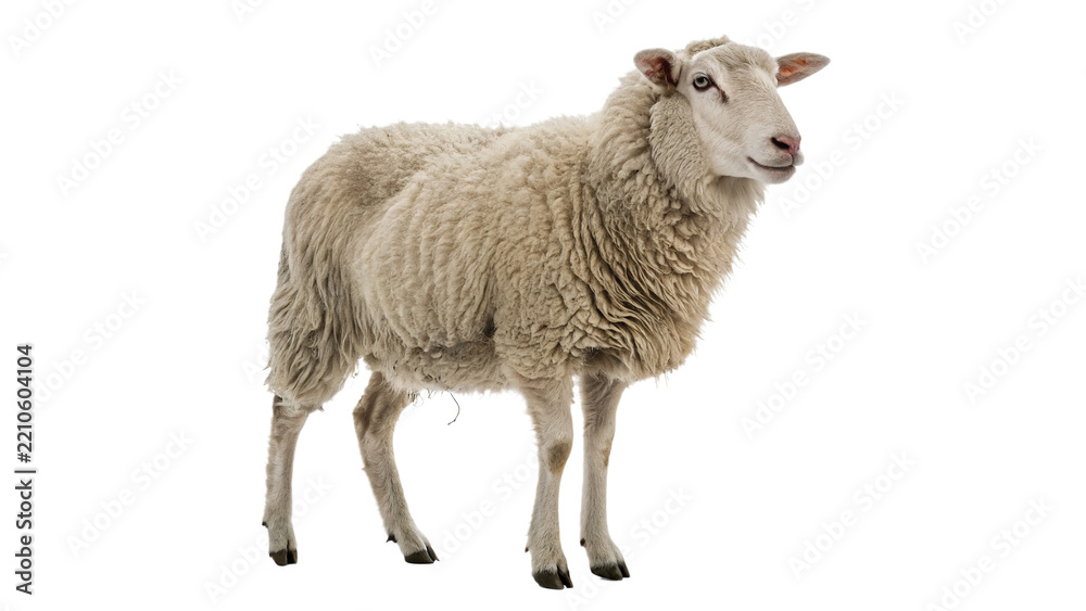 Obraz premium Single white sheep standing domestic farm animal livestock wool production isolated on transparent background