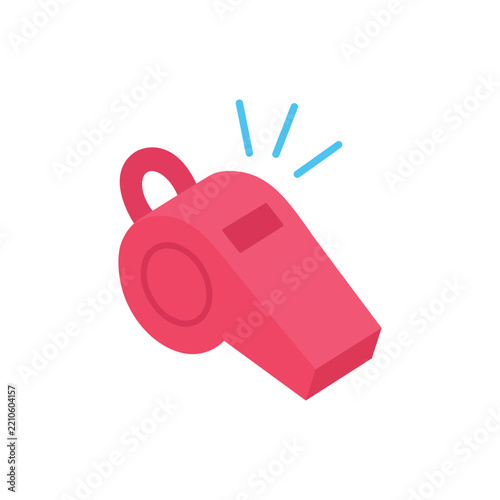 Red whistle icon with blue sound lines. Flat isometric sports vector graphic isolated on a white background