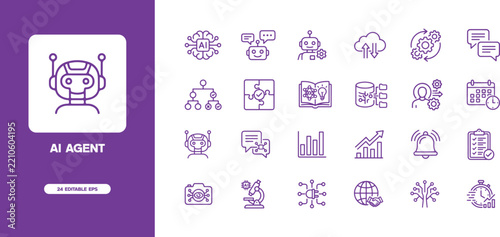 Ai agent technology and artificial intelligence icon set featuring robotic and machine learning symbols AI agent robotics technology digital intelligence tech icons automation symbols robot head