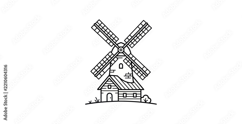 Obraz premium Minimalist Windmill Line Art Illustration