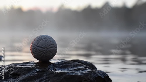 A solitary textured spherical stone ball rests on a rocky shoreline beneath a misty dawn sky