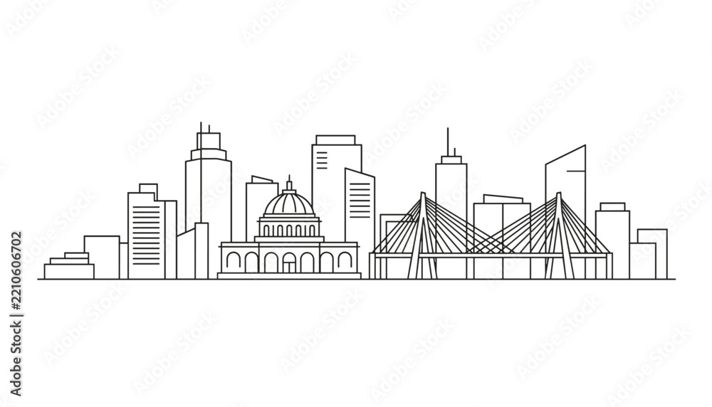 Obraz premium A clean black and white line art vector illustration of a modern city skyline featuring a grand domed building and a cable-stayed bridge.