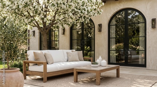 Relaxation in a luxurious outdoor living area with modern patio furniture and blooming white flowers.