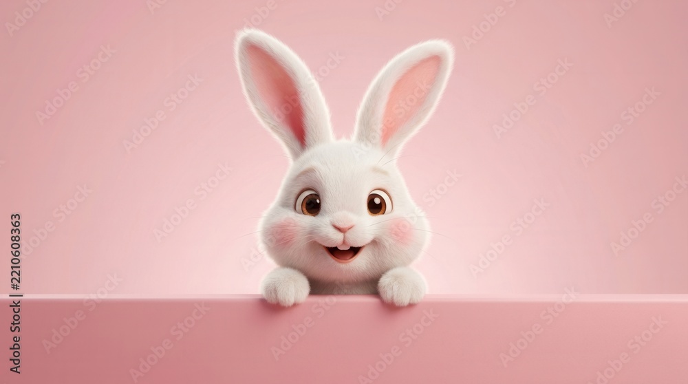 Fototapeta premium Adorable white bunny illustration peeking over a pink ledge, ideal for kids products and holiday ads.