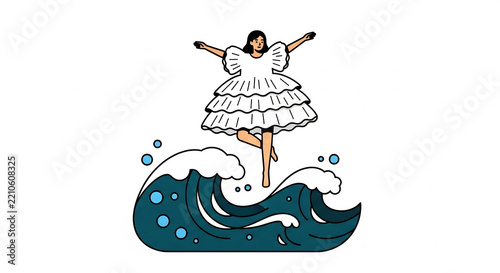 Woman in white dress dancing over ocean waves illustration