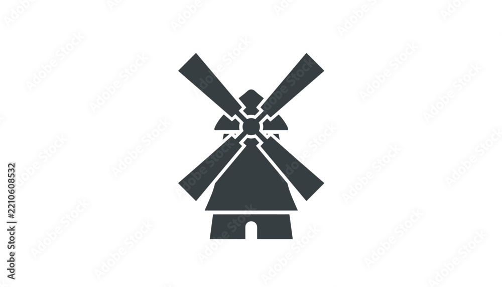 Fototapeta premium Dark grey windmill vector icon representing renewable energy wind power and rustic countryside agricultural architecture symbols.