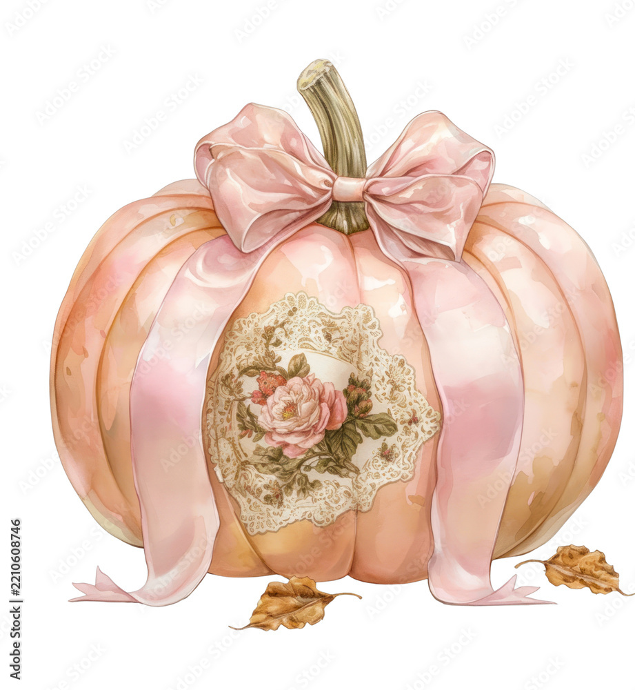 Obraz premium PNG Elegant pumpkin with pink ribbons and floral design, transparent background