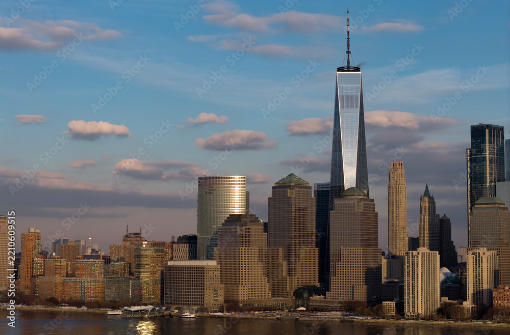 Fototapeta premium New York downtown cityscape with blue sky panorama. NYC Manhattan cityscape with New York panorama with blue sky. Manhattan skyline in New York City. New York City skyline.