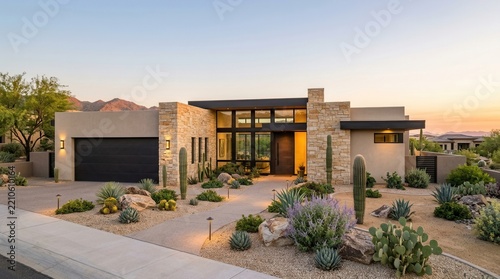 Luxury desert home architecture with cacti, desert plants, and a clear blue sky.
