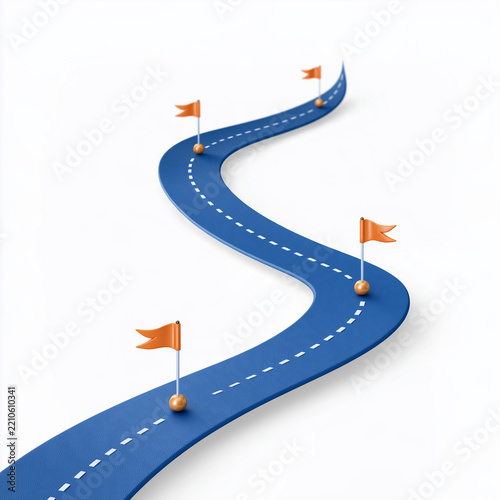 The Winding Road to Success: A vibrant blue, winding road stretches into the distance, marked by orange flags, symbolizing milestones and the journey towards achieving goals.