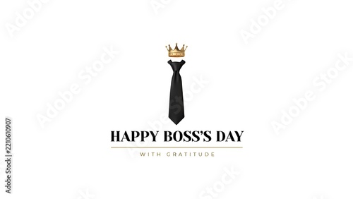 Minimalist Happy Boss's Day greeting card design, elegant black necktie with golden crown icon, professional executive appreciation graphic for corporate celebrations