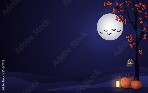 Halloween scene with moon, pumpkins and bats