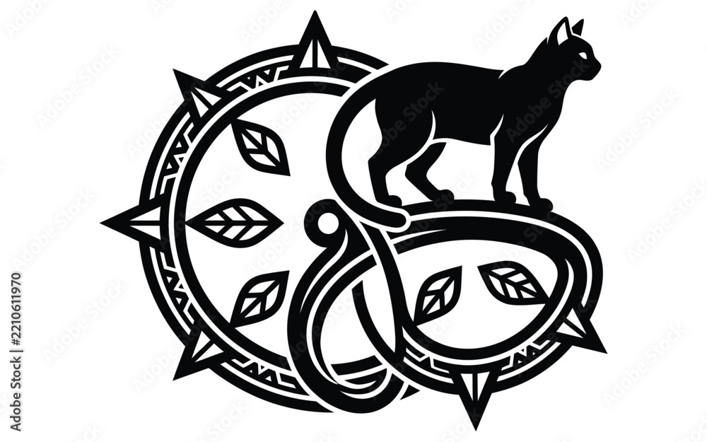 Fototapeta premium Black cat silhouette standing on a decorative circular celtic knot frame with leaf motifs