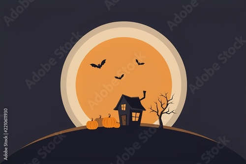 Halloween house with pumpkins under a full moon