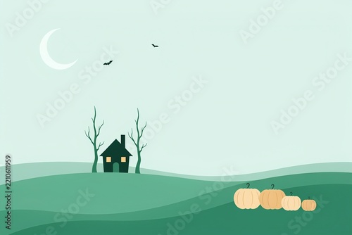 Halloween house with pumpkins under moonlit sky