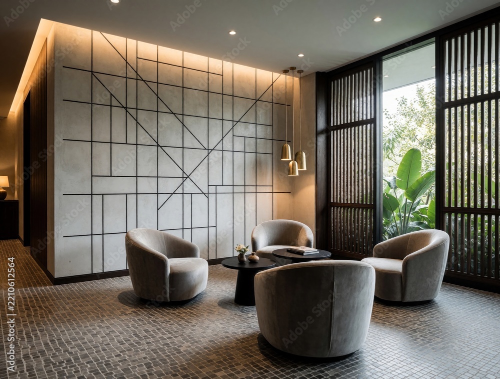 Fototapeta premium Modern hotel lobby features luxury lounge area with four grey velvet armchairs. Stylish black coffee tables sit on mosaic tile floor. Large window with dark wood slats shows tropical garden view.