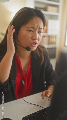 Woman agent holds headset to ear and types at keyboard in an office building, frowning while speaking into mic; customer support frustration.