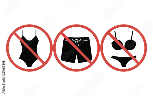 No swimwear prohibition sign featuring restricted bikinis, swim shorts, and bathing suits for facility rules, hygiene, and safety notices
