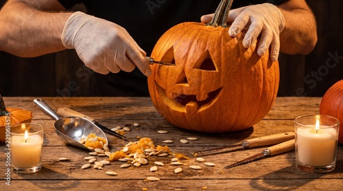 Person in gloves carving a scary face on an orange pumpkin for Halloween holiday celebration