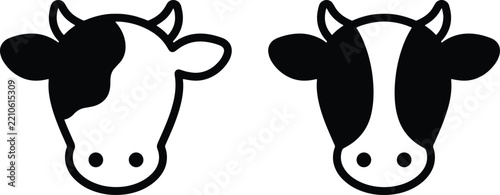 Cow head icon set featuring two different spotted cattle profiles in black on a white background