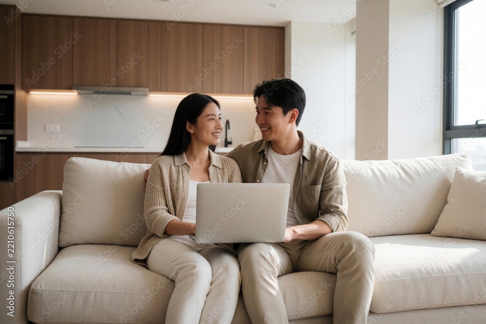 Fototapeta premium Young Asian couple sits on sofa in modern living room. Man, woman use laptop computer to discuss real estate investment, future home plans. Happy partners smile at planning property budget, savings