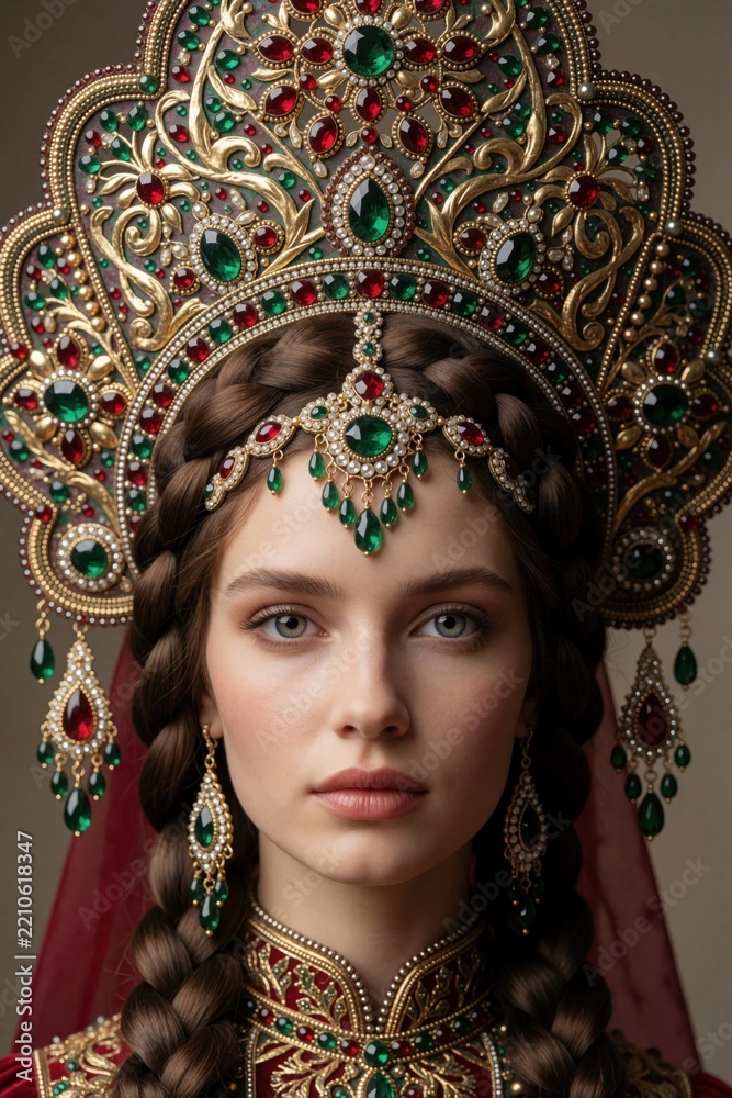 Obraz premium Beautiful young Russian woman wears ornate kokoshnik headdress with emerald, ruby gems. Traditional Slavic folk costume features gold embroidery, long brown braids. Elegant girl poses in regal ethnic