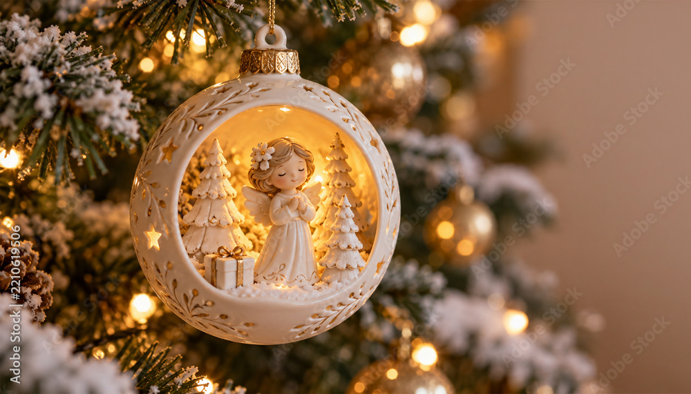 Obraz premium Glowing Christmas ornament with praying angel, miniature snowy trees and gift hanging on festive tree with warm golden lights