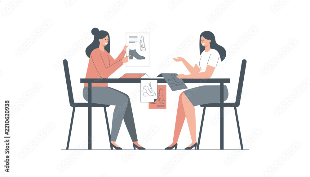 Fototapeta premium Fashion design consultation with two women sitting at a table reviewing shoe sketches and mockups.