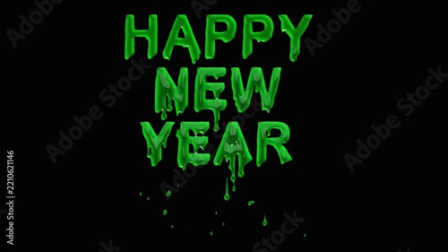 Happy New Year Text with Green Liquid Drops Effect on Plain Black Background, New Year Greeting Typography with Liquid Drop Animation for Celebrations and Creative Designs