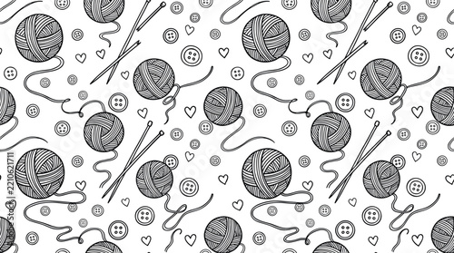 Seamless black and white pattern with yarn balls knitting needles and buttons for coloring