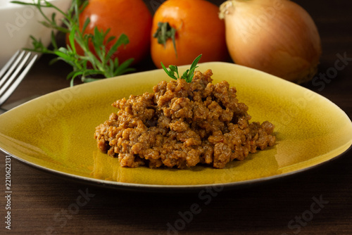 Prepared textured soy protein served on a plate