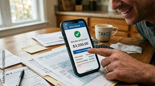 Close-up of a happy man pressing a smartphone button to transfer his $3,200 tax refund.