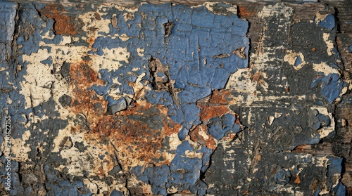 Distressed weathered wooden surface with peeling blue paint layers and rustic oxidation textures for creative background