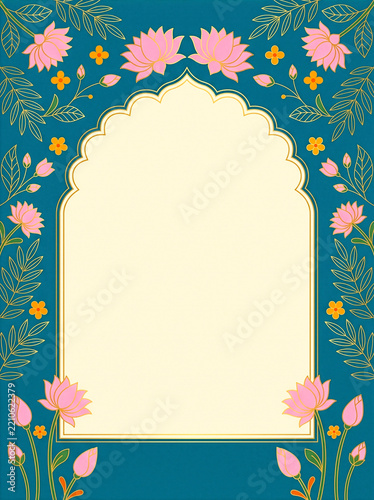Indian Mughal arch invitation template with pink lotus flowers and golden leaves on teal background
