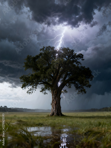 An image of a large tree standing in the middle of an open field, with lightning striking its crown