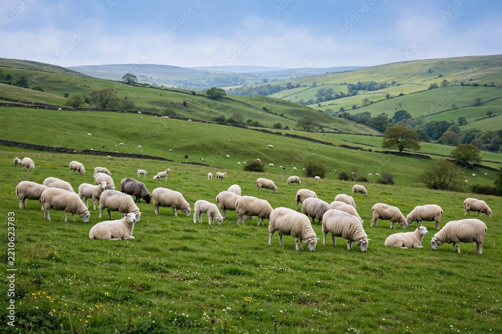 Fototapeta premium Flock of sheep grazing in lush green pasture with rolling hills, peaceful rural farm scene for countryside content